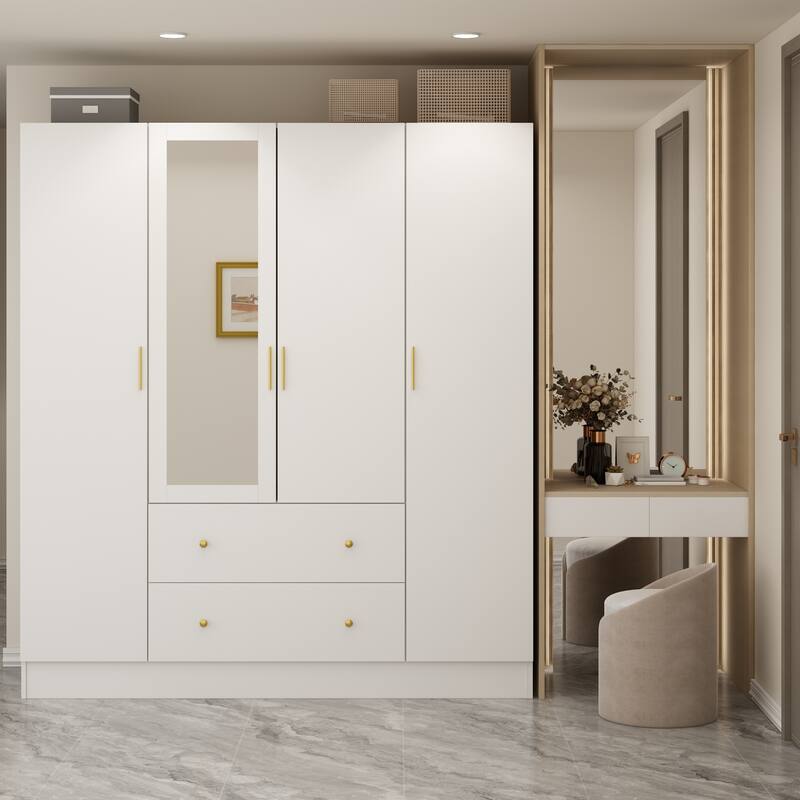 Timechee Wardrobe Armoire Wooden Closet with Mirror 4 Doors 2 Drawers - White
