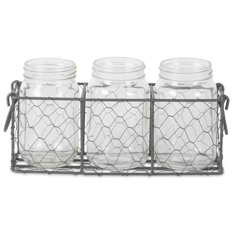 DII Vintage Grey Chickenwire Flatware Caddy With Clear Jars