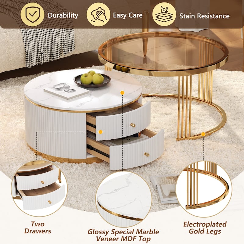 Modern 2 Pieces Round Nesting Coffee Table with Drawers and Brown Tempered Glass Top in 27.6"