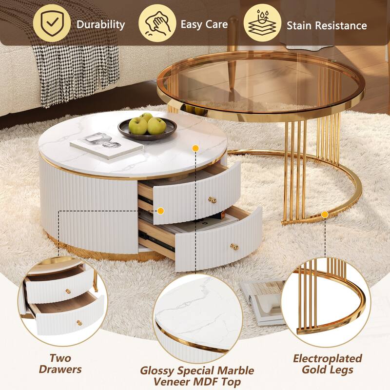 Modern Round Nesting Coffee Table Set of 2 with Drawers. MDF Top and Gold Metal Legs. Space Saving Accent Tables