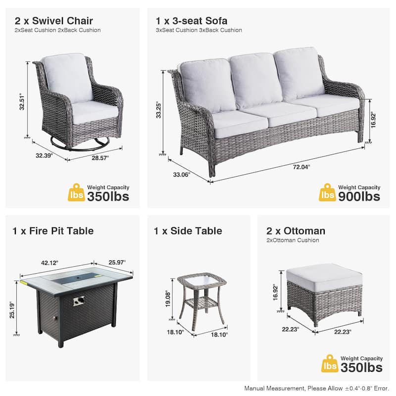 OVIOS 7-piece Patio Swivel Chair Set with 42" Fire Table