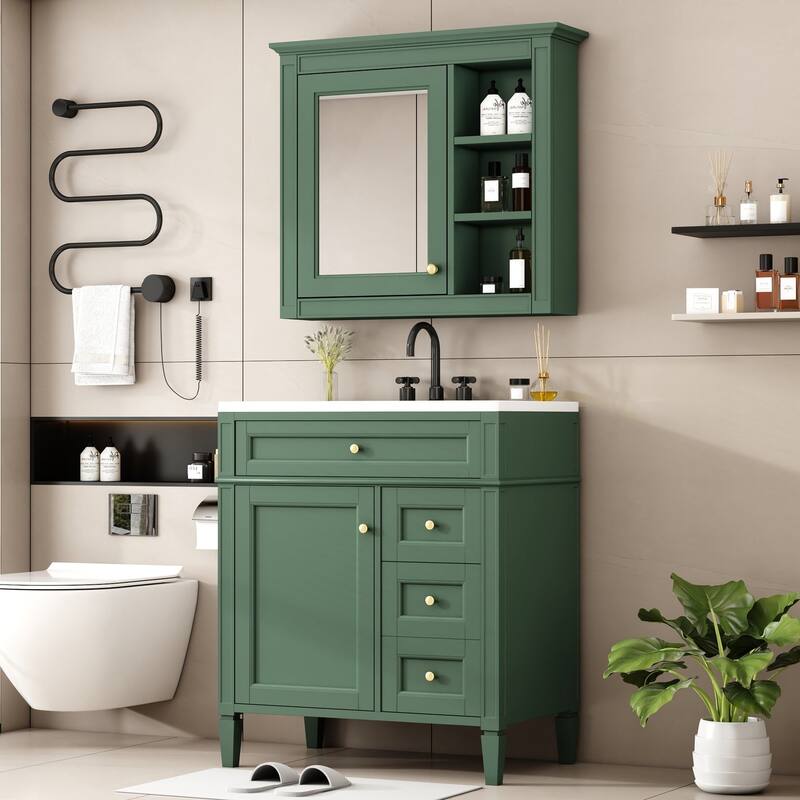 Plywood Freestanding Bathroom Vanity Set in Maple with Integrated Ceramic Sink with Mirror Cabinet - 30“ x 18"