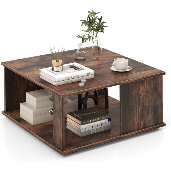 Rustic Brown 2-Tier Coffee Table with Storage Shelf and L-Beam Design ...