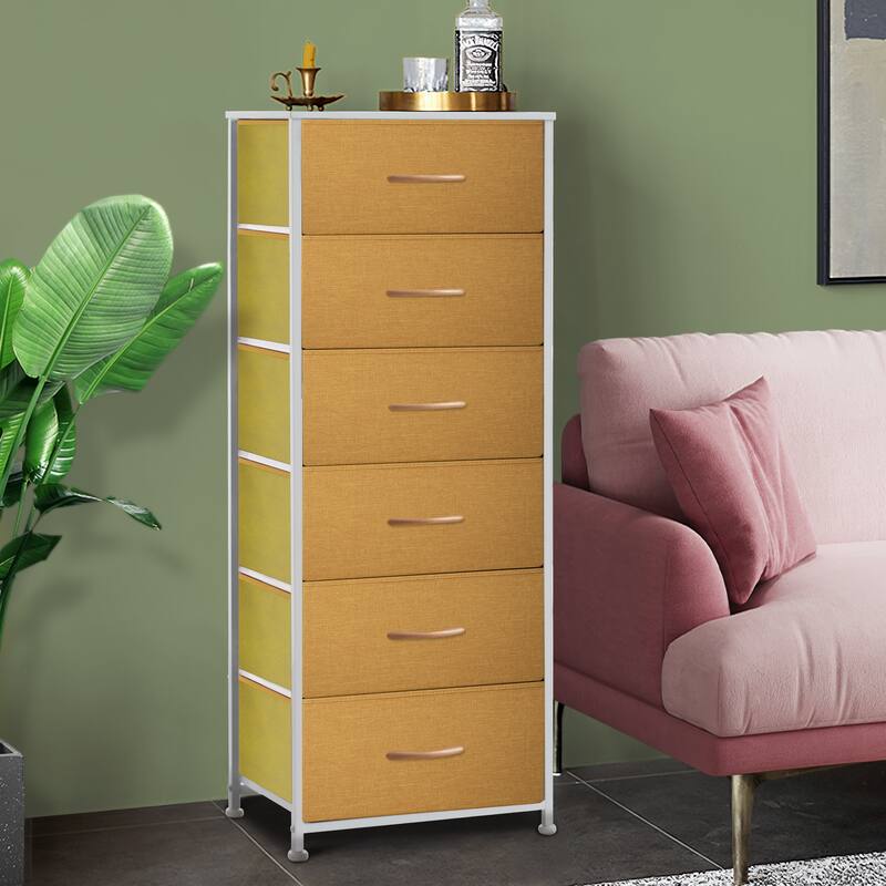 6 Drawers Chest - Vertical Storage Tower Steel / Wood / Fabric Dresser