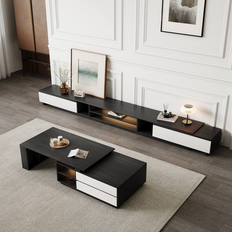 Extendable Coffee Table with LED Lights & 2 Drawers - 43.3" to 70.86"