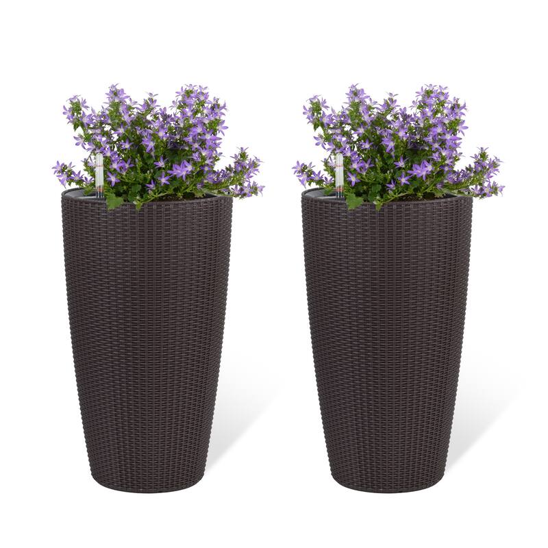 Set of 2 Faux Rattan Tall Planters Outdoor Indoor Large Planters with Water Level Monitor Inner Bucket - Brown