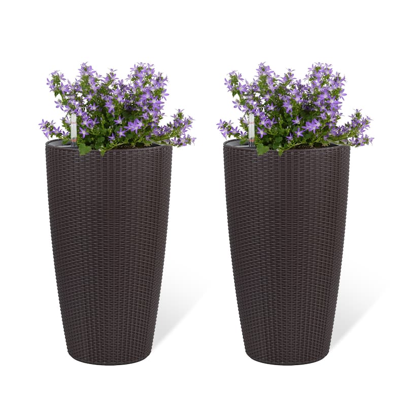 Set of 2 Tall Planters Large Planters with Water Level Monitor Inner Bucket, Automatic Watering, Flower Plant Pots( 22 inch ) - Brown