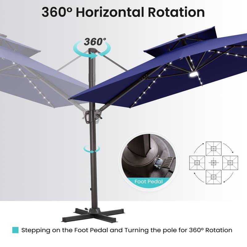 11 FT Square Outdoor Premium Double Top Solar Powered LED Patio Cantilever Umbrella