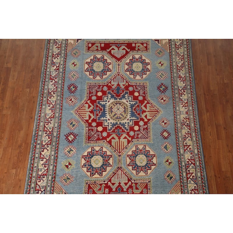 Blue Geometric Kazak Area Rug Handmade Oriental Wool Carpet - 6'0" x 9'8"