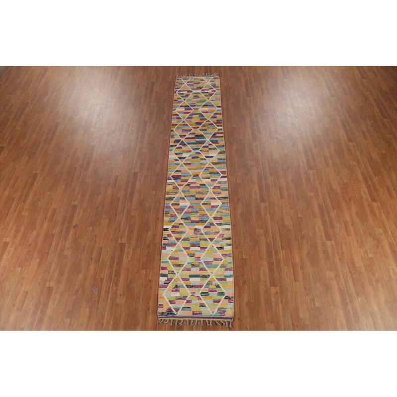Hand Knotted Oriental 100% Wool Carpet Modern All-Over Multi-Colored Moroccan Runner Rug - 12' 9'' X 2' 5''