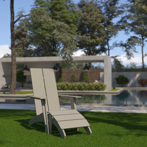 Indoor/Outdoor Modern 2-Slat Adirondack Style Chair and Footrest in Gray