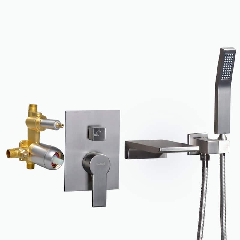 Clihome Waterfall Wall Mounted Bathtub Faucet with Hand Shower - Silver