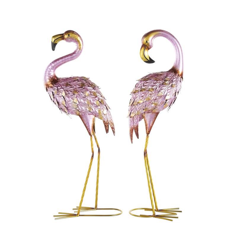 Metal Flamingo Decorative Garden Sculpture with Dimensional Feathers and Gold Accents - Set of 2 Pink - Roche River Decor