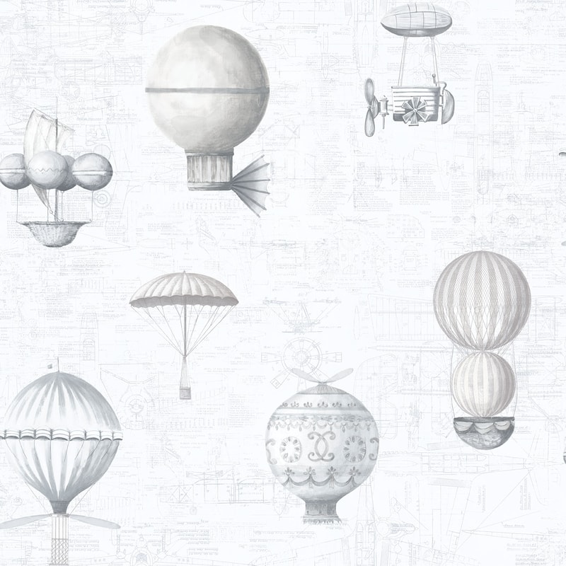 Galerie Wallcoverings Nostalgie Collection Air Ships Balloons Effect Non-woven Metallic Wallpaper Roll - 33 feet x 21 inches - Silver