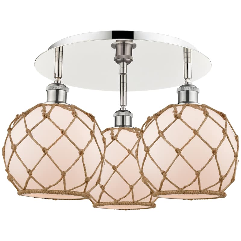 Innovations Lighting 516-3C-12-20 Farmhouse Rope Semi-Flush Farmhouse - Polished Nickel / White Glass with Brown Rope