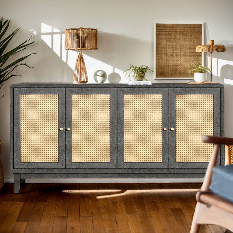 Sideboard Buffet Cabinet, Rattan Accent Cabinet Storage Cabinet with 4 Doors & Adjustable Shelves - 59.8“W - Antique Dark Grey