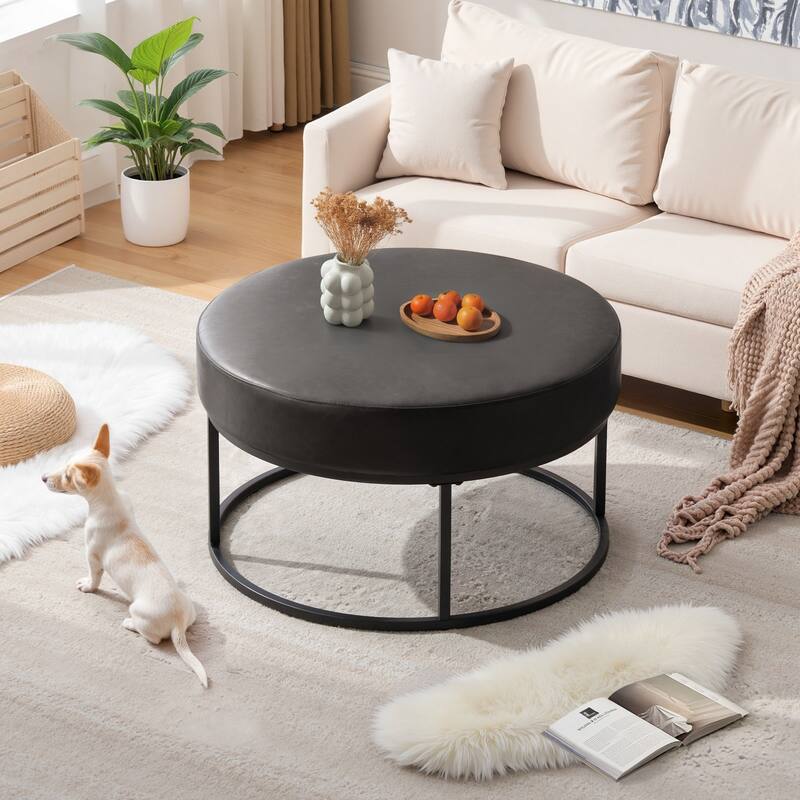 Faux Leather Round Ottoman for Living Room with Metal Legs