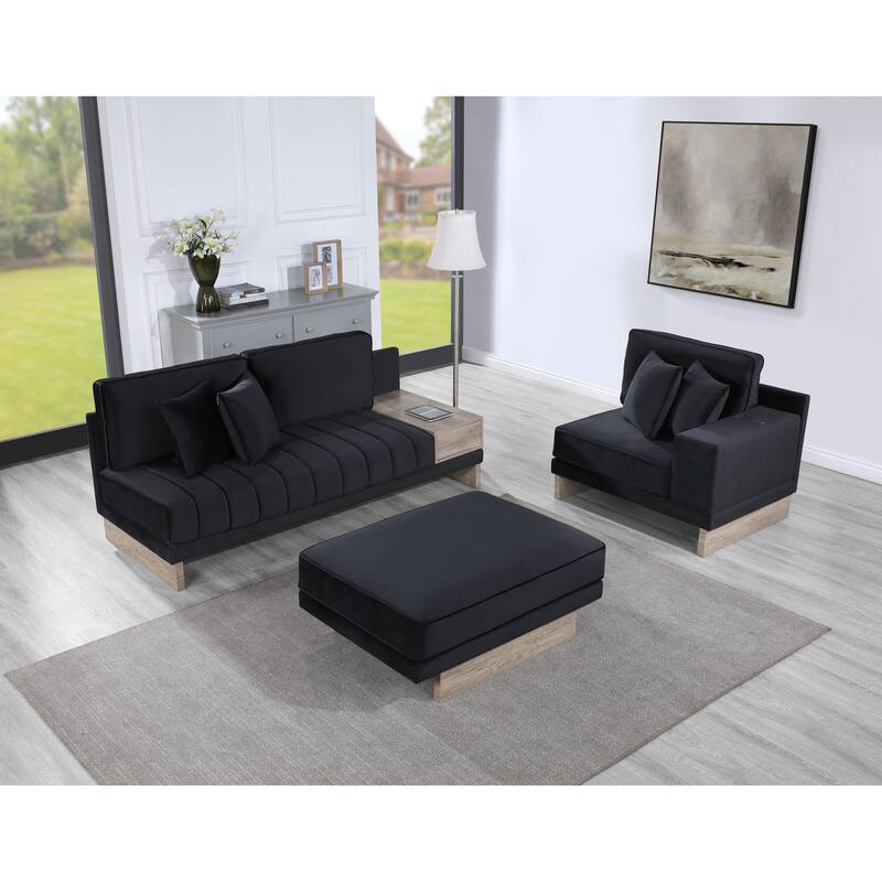 122.5"W Black Velvet Reversible Sofa Ottoman with Storage, USB & Charging, 4 Pillows