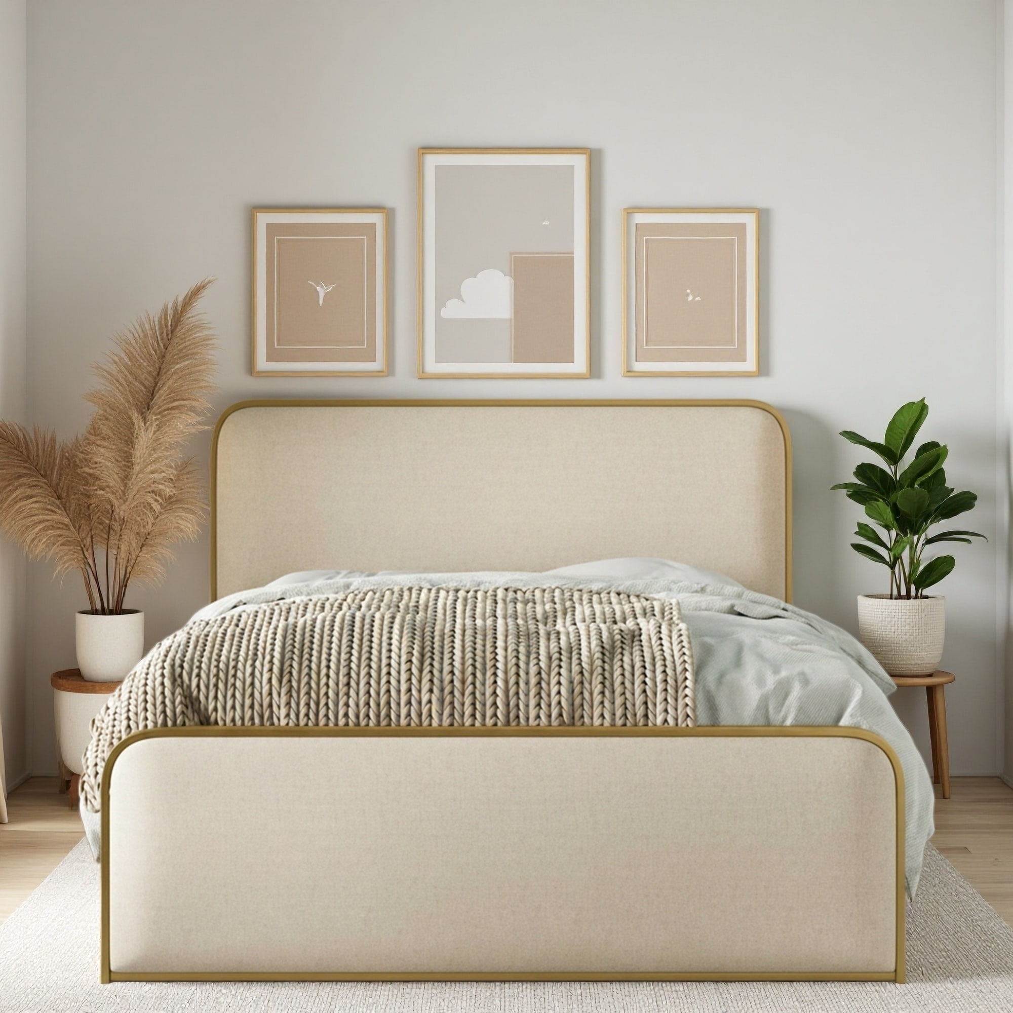 Metal Platform Bed Frame with Curved Upholstered Headboard, Footboard, and Under-Bed Storage