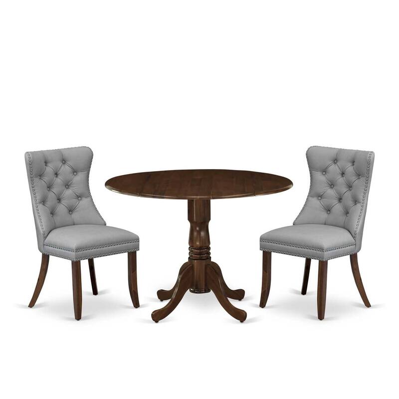 3-Piece Antique Walnut Finish Solid Wood Top-Round Upholstered Dining Room Set -Seats 4
