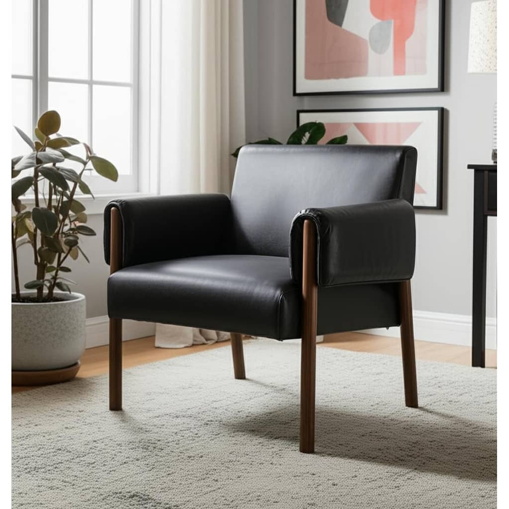 HomeRoots 30" Black and Dark Brown Faux Leather and Solid Wood Arm Chair - 29.72 in. x 31.50 in. x 28.54 in.