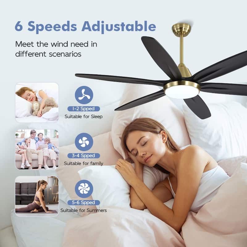MLiAN Wood Blade LED Ceiling Fan Remote Control 6-Speed DC - 60''