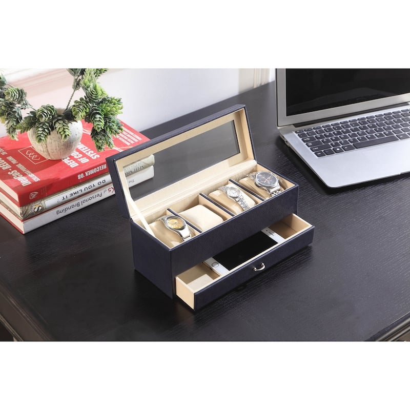 9.3" Long Tempered Glass and Leather Jewelry / Watch Display with Drawers, Blue