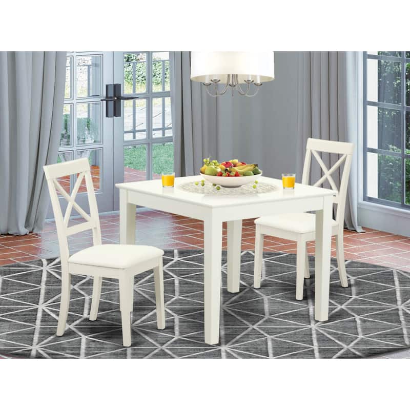 East West Furniture 3 Piece Table Set Contains a Square Wooden Table and 2 Faux Leather Dining Chairs, Linen White - OXBO3-LWH-LC