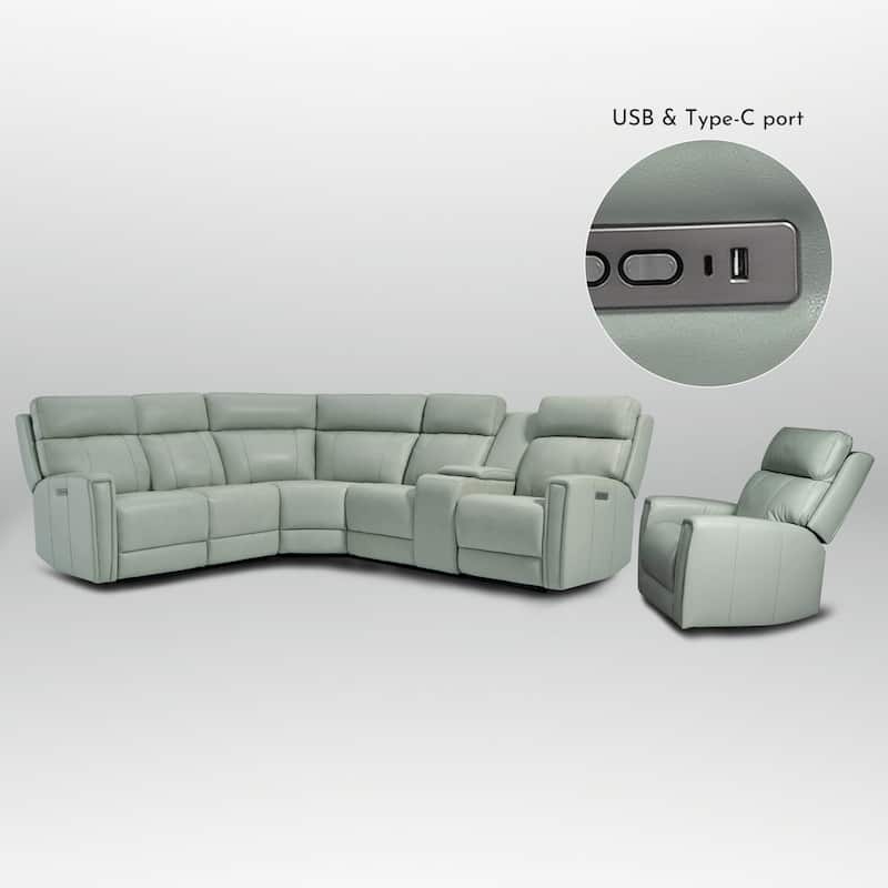 104" W 6 Seater Genuine Leather Power Sectional and 39" W Recliner Set with Zero Gravity, USB Ports, 2 Stationary Armlesschairs