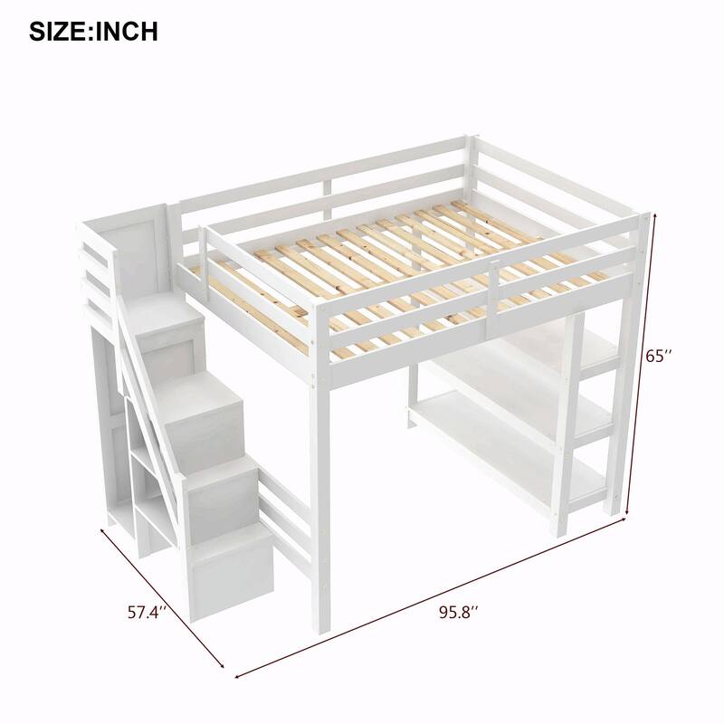 Loft Bed with Shelves, Storage Staircase, Small Wardrobe & White LED Light