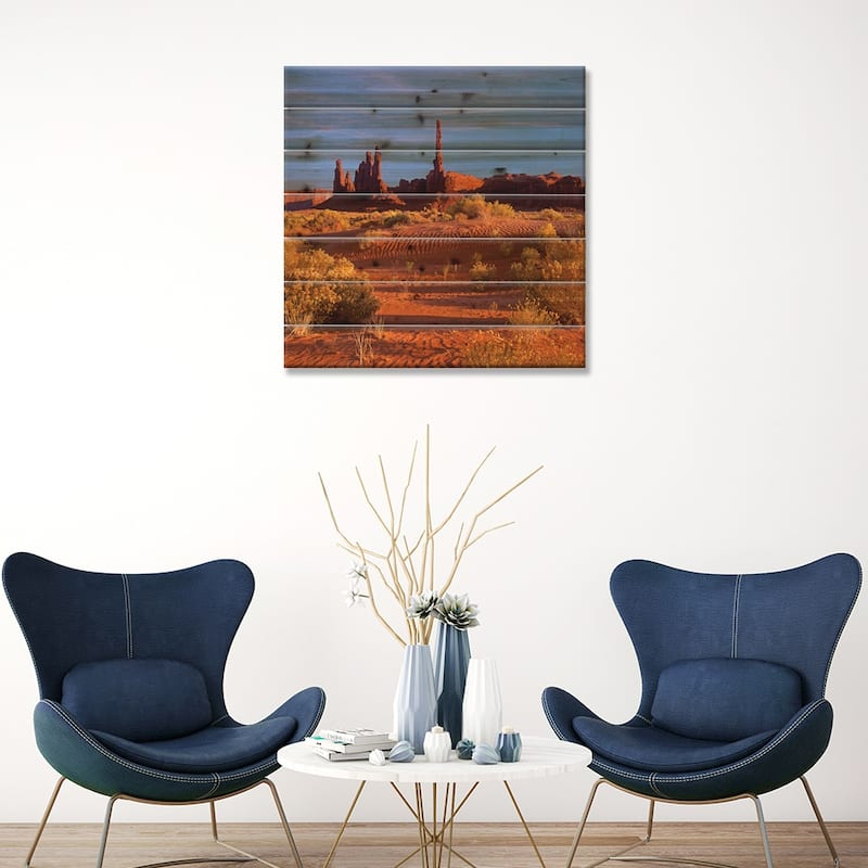 Totem Pole And Yei Bi Chei With Sand Dunes And Shrubs, Monument Valley, Arizona And Utah Border Print On Wood by Tim Fitzharris