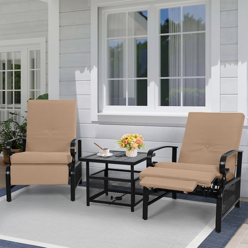 Outdoor Metal Patio Adjustable Recliner Lounge Chair & Bistro Table Set, Retractable Steel Frame and Removable Thick Cushion