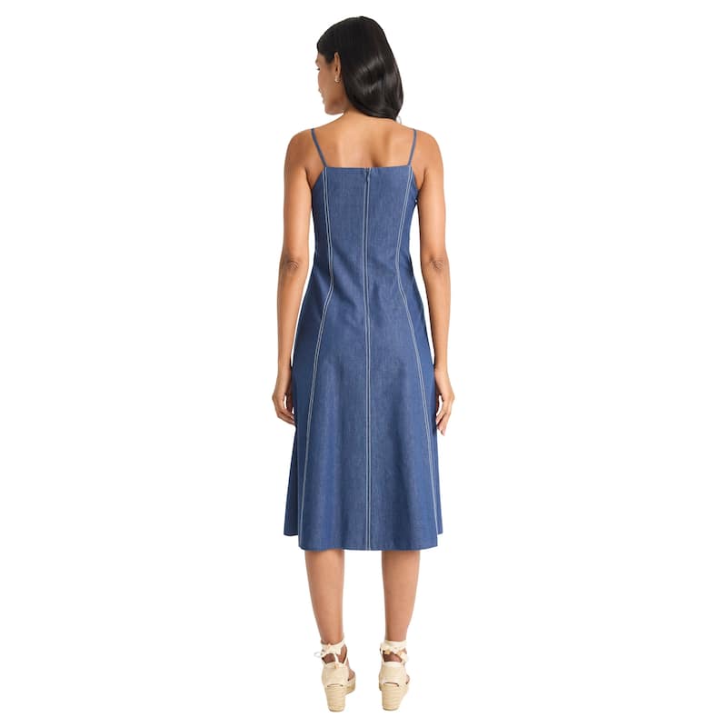 Square Neck Sleeveless A-Line Midi Dress With Contrast Topstitching And Back Zipper