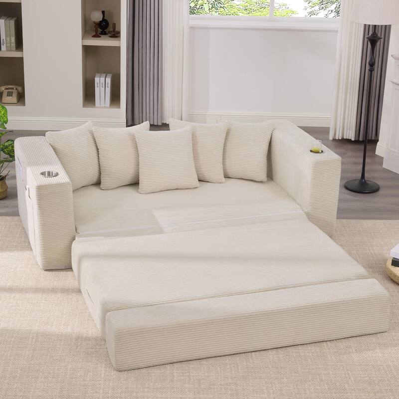 2-in-1 Convertible Sleeper Sofa, Floor Folding Couch, Sofa Bed with Side Pocket, Pull Out Loveseat with Cup Holders