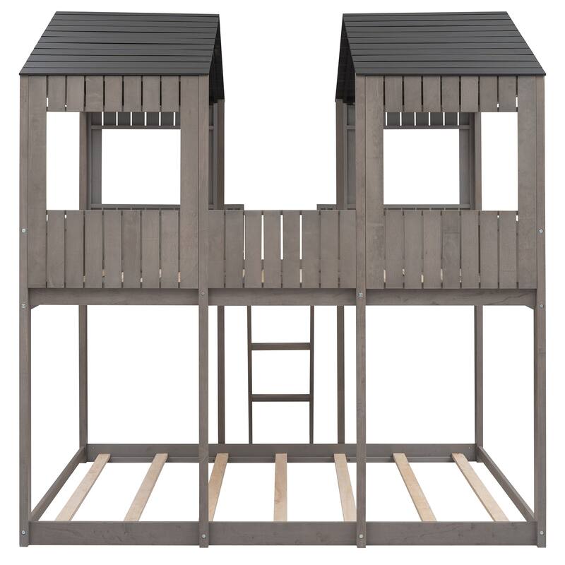 Full Over Full Size Wooden Bunk Platform Bed with Roof and Window, Fun Playhouse-Inspired Design, Kids Bedroom Furniture