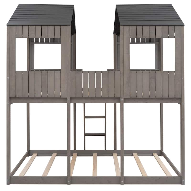 Full-Over-Full Wood Bunk Bed with Playhouse Design, Roof, and Safety Features