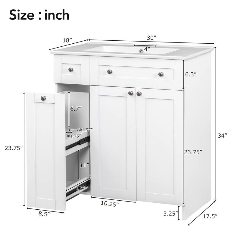 30-Inch Blue Bathroom Vanity with Undermount Ceramic Sink, Soft Close Doors, Ample Storage, and Silver Accents - 18in L MDF