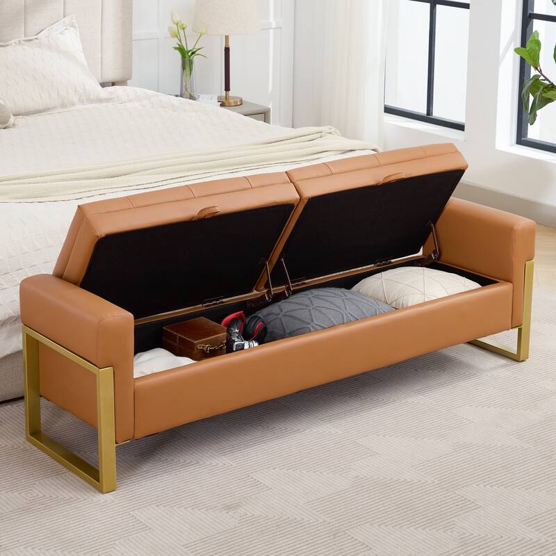 66" Storage Bench for Bedroom End of Bed with Double Lids and Gold Legs