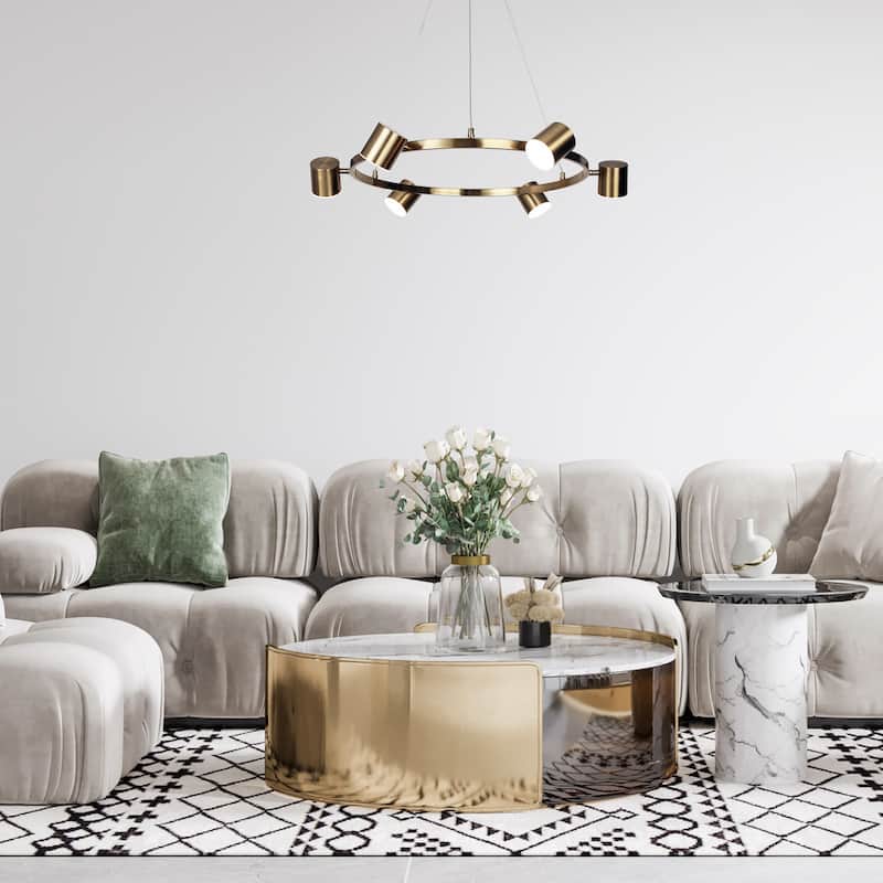 Mid-Century Modern 6-Light Gold LED Wagon Wheel Chandelier Metal Pendant Lights for Dining Room