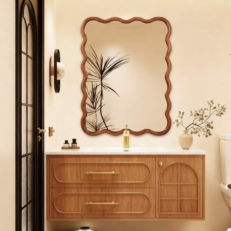 30"x 40" Wavy Rectangle Solid Wood Frame Decorative Mirror,For Bedroom, Bathroom, Living Room, Entryway - Yellow Brown