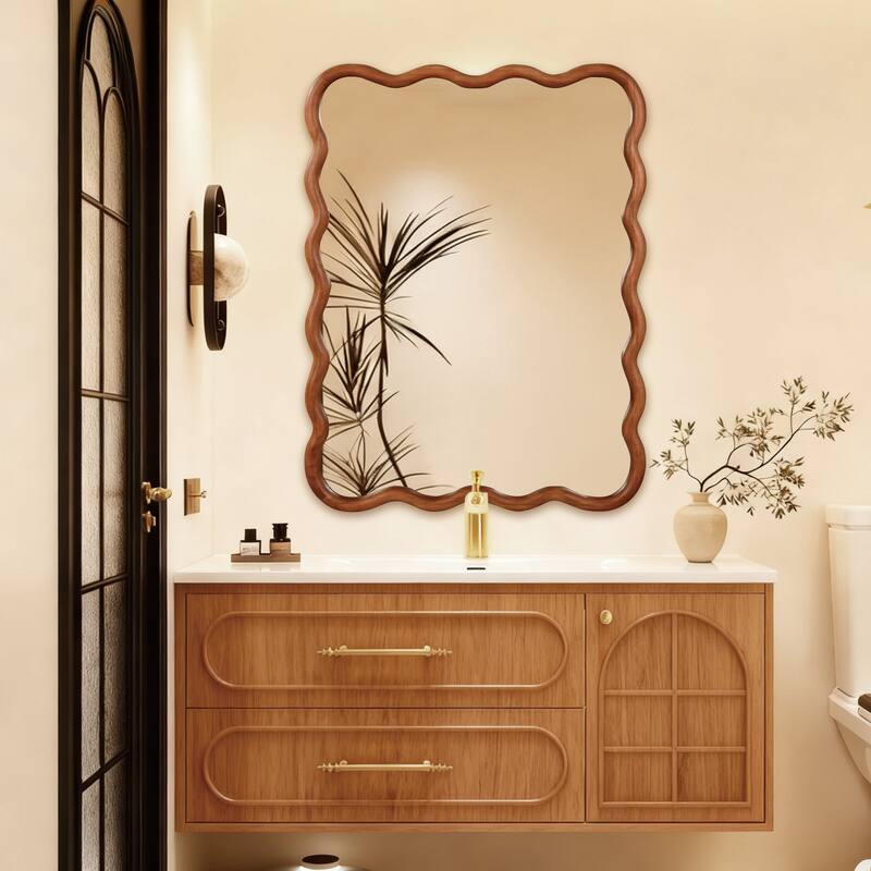 Yellowish Brown Wavy Rectangle Solid Wood Decorative Mirror - Bedroom, Bathroom, Living Room - Yellow Brown
