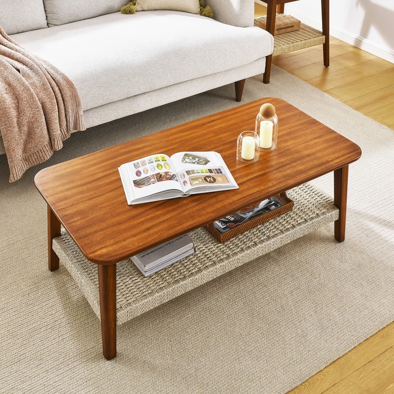 Mid-Century Boho Side Table & Coffee Table with Woven Storage Shelf - Walnut