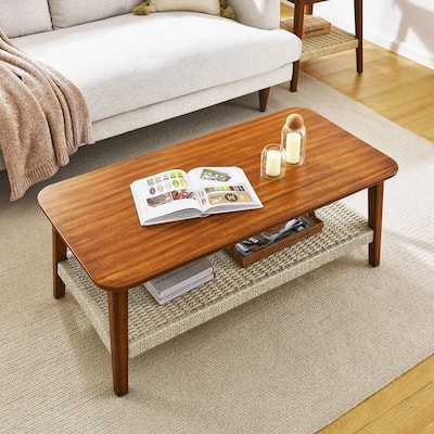 47.25" Mid-Century Coffee Table with Woven Shelf, Boho Rattan Coffee Table with Storage