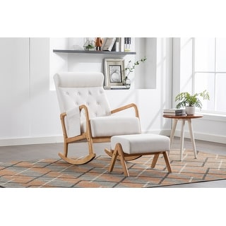 Modern Rocking Chair W  Ottoman%2C Fabric Upholstered Rocking Armchair%2C Rocking Chair Nursery W  Thick Padded Cushion%2C Beige 