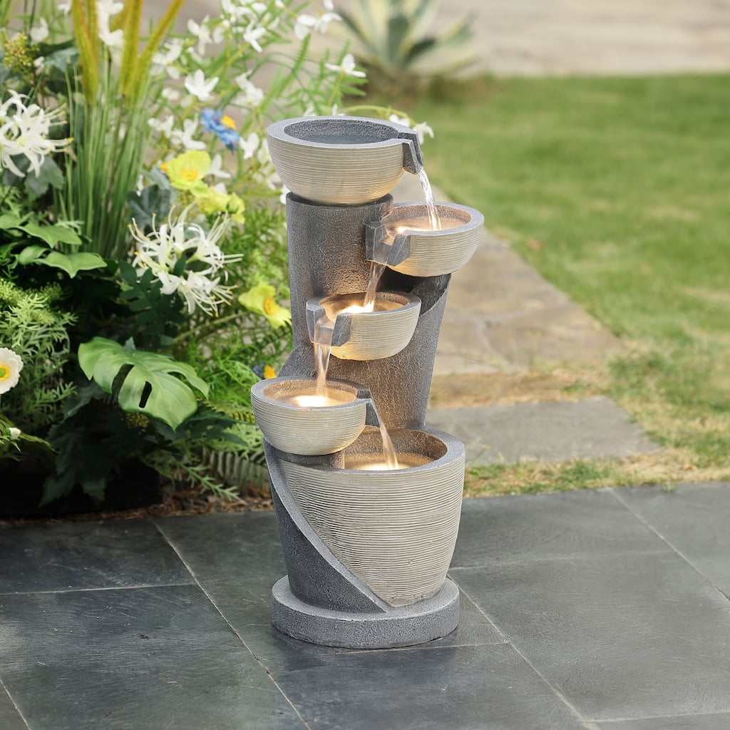 Gray Cascading Bowls and Column Resin Outdoor Fountain with LED Lights