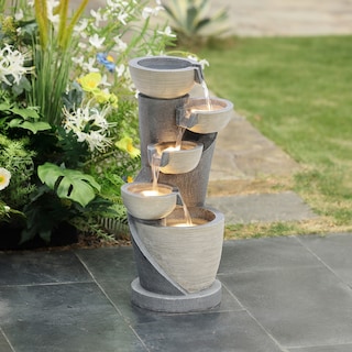 Gray Cascading Bowls and Column Resin Outdoor Fountain with LED Lights