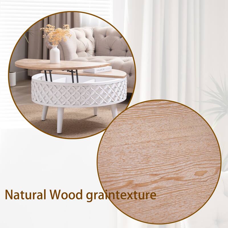 Roomfitters Round Lift-Top Coffee Table with Hidden Storage, 31.5-Inch Accent Table, White Base and Natural Wood Top