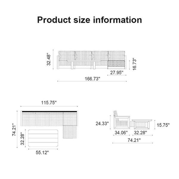 dimension image slide 22 of 32, PURPLE LEAF Caesar Outdoor Couch with 9.6" Thick Cushion and Table for Yard Porch Deck, Grey Outdoor Patio Conversation Sets