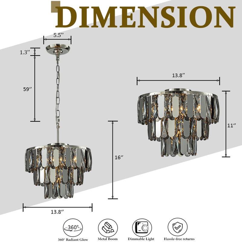 Dimmable Smoked Crystal Flush Mount Ceiling Light Round with Polished Nickel Finish and Stainless Steel Accents for Dining Room
