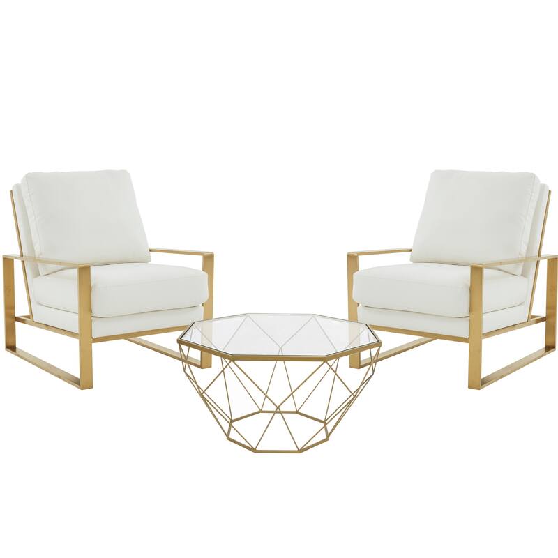 LeisureMod Jefferson 3-Piece Leather Armchairs and Geometric Coffee Table Set - 36" - White